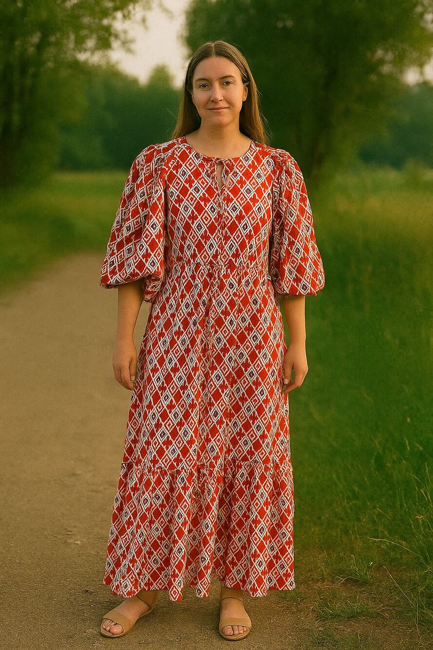 Summer Boho Casual Loose Swing Midi SunDress geometric Lantern sleeves Size -8